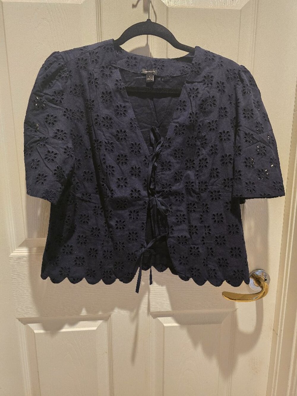 Anne Taylor Navy Eyelit ruffle blouse